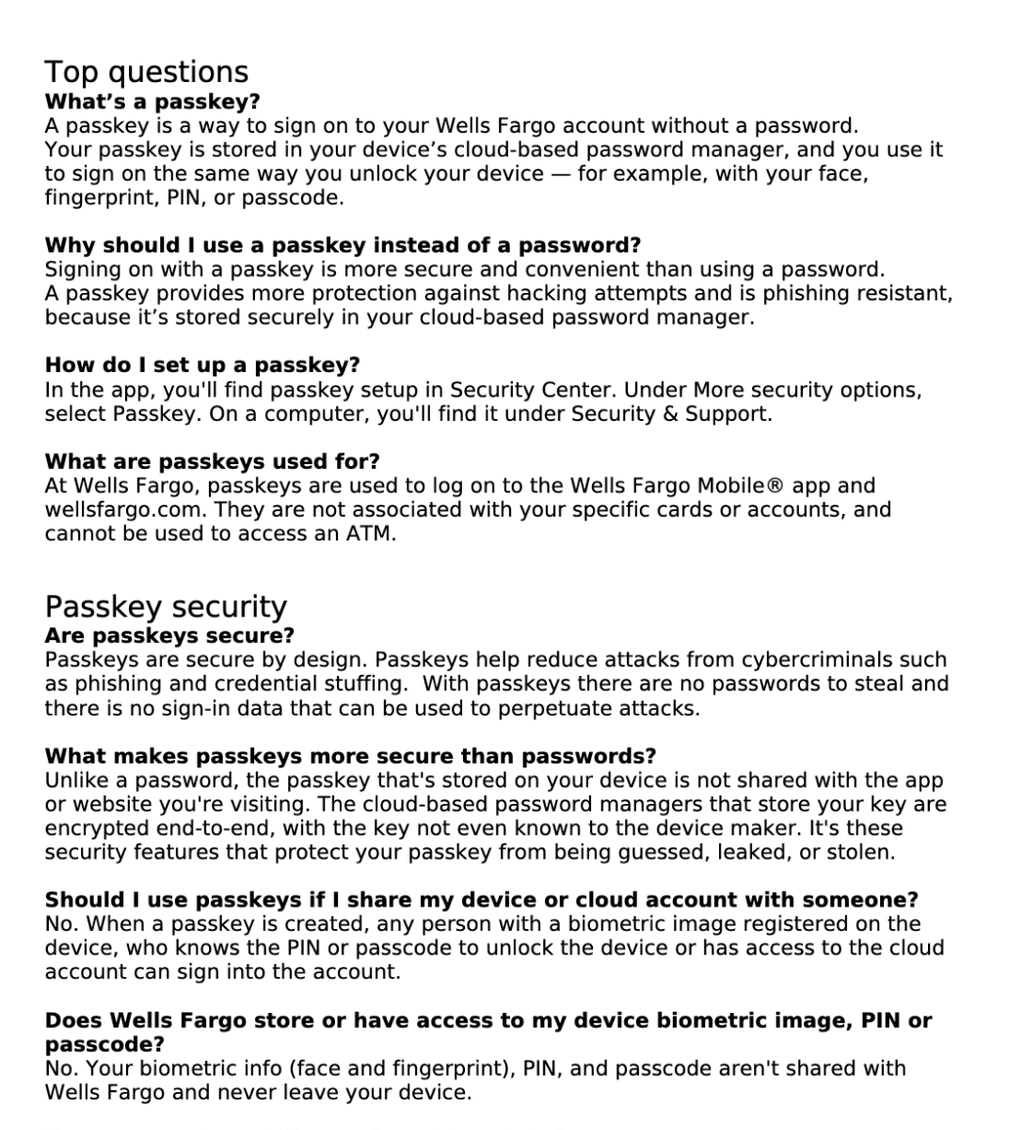 Grounding document titled 'Top questions' answering what a passkey is, why it's more secure and convenient than a password, how to set one up, and what it can be used for at Wells Fargo.