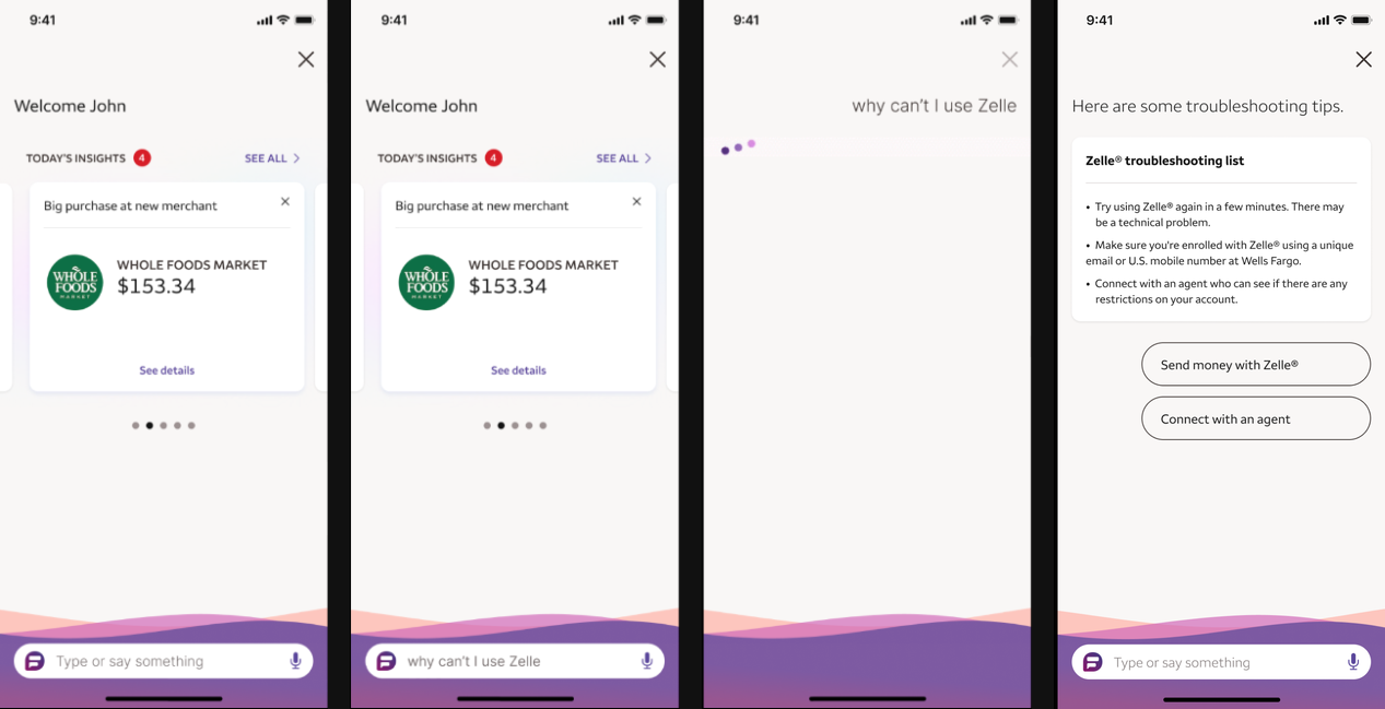 Before: the same entry point as After (welcome screen, typing the question), but every question routes to one static troubleshooting tips response, regardless of the actual problem.